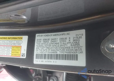2019 Honda Accord Lx from USA, damaged, VIN 1HGCV1F1XKA048558